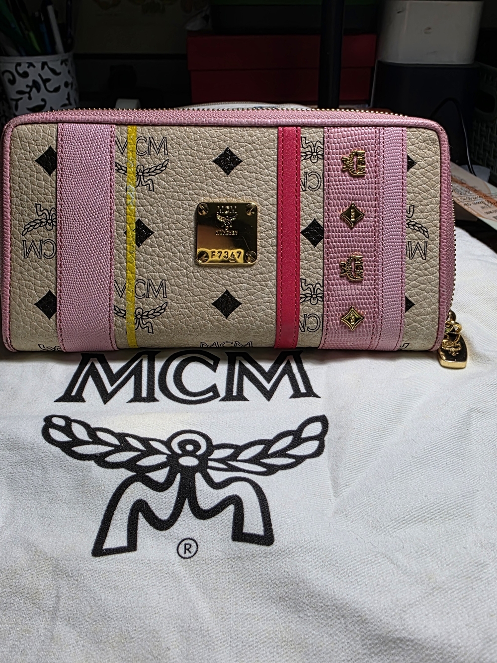 MCM Pink, Cream & Yellow Zip-Around Wallet with Gold Plaque